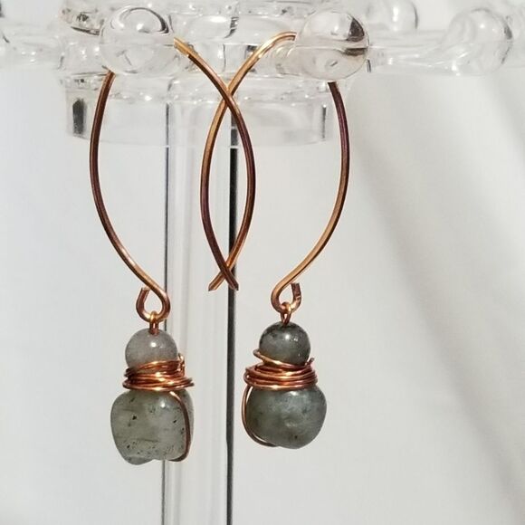 Petite Labradorite Copper Wire Wrapped Earrings - Picture 2 of 7